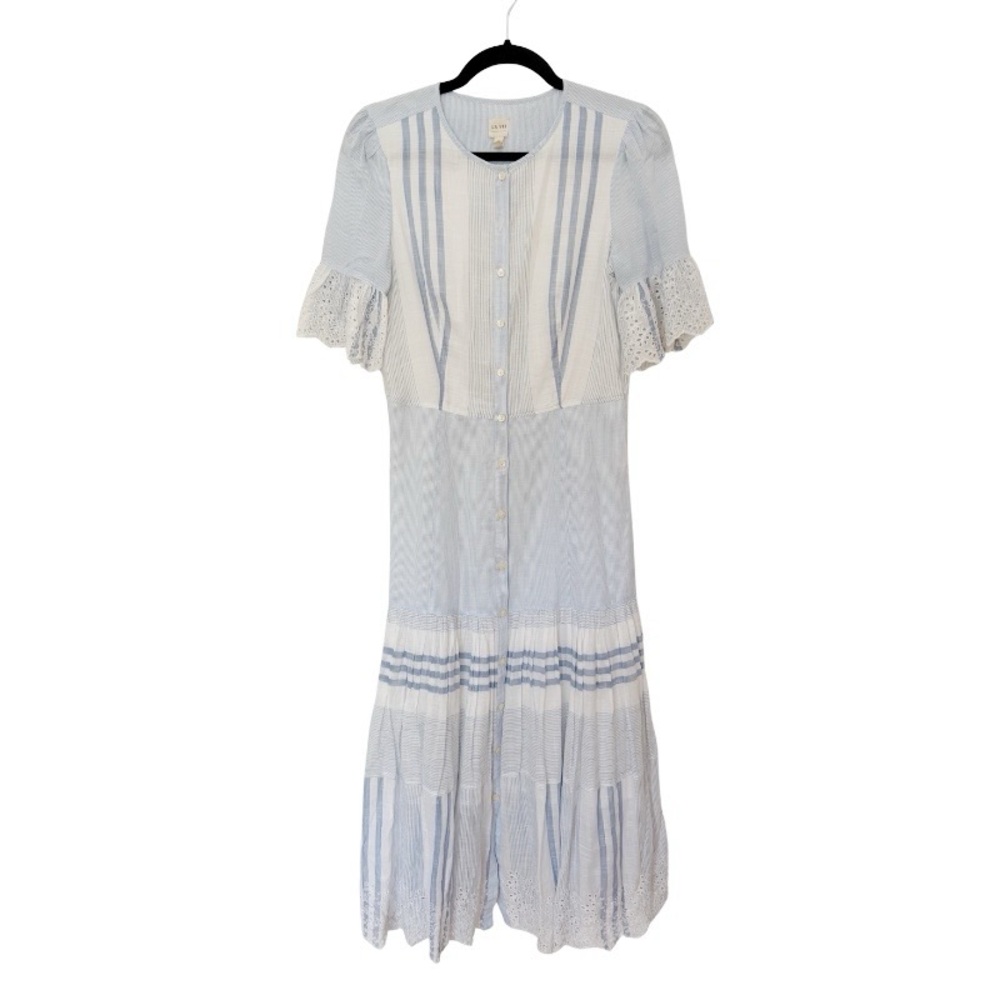 Rebecca Taylor Light Blue Striped Dress with Lace Sleeves